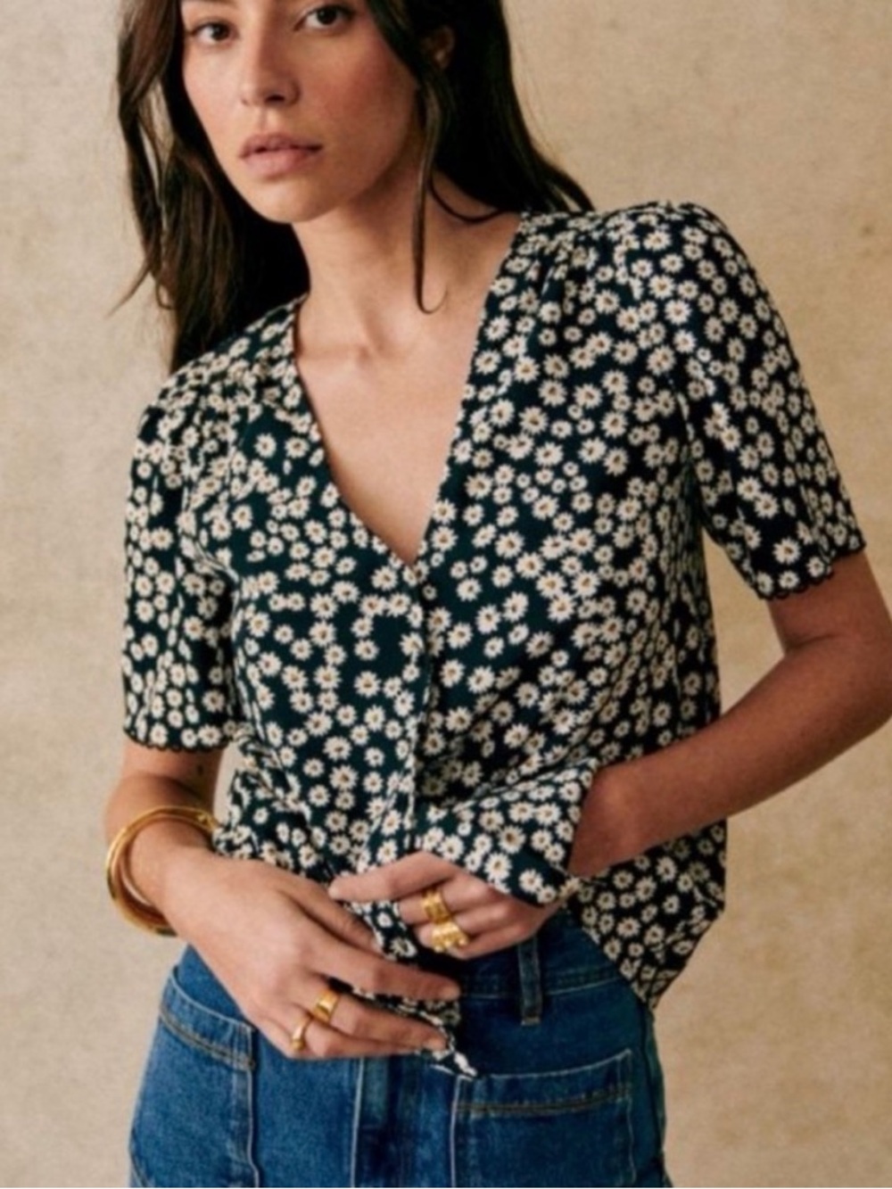 Sezane Dark Green Daisy V-Neck Short Sleeve Blouse